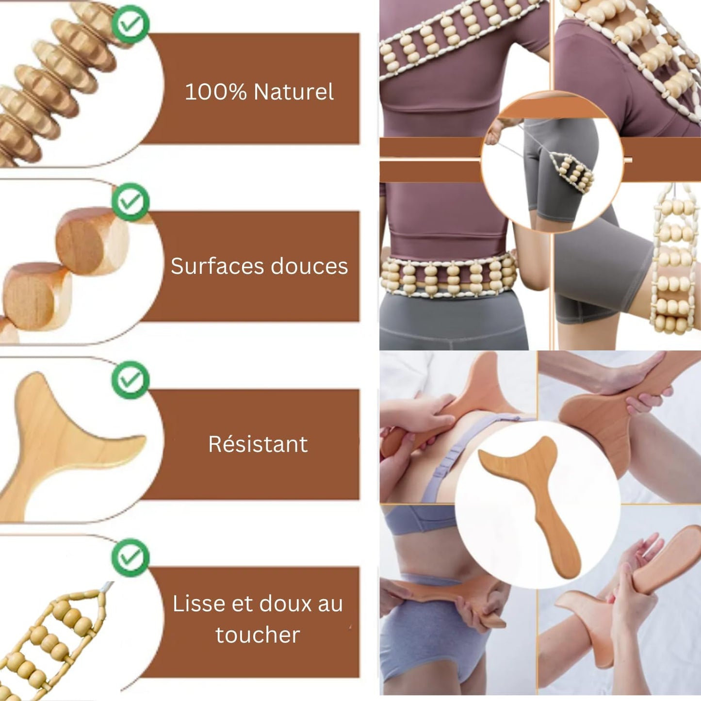 Madérothérapie Kit Complet Cellulite 4 En 1. Massage Pour Visage Et Corps. Améliore La Circulation. Kit anti Cellulite Et De Drainage Lymphatique.