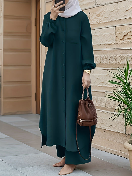 Ramadan | Elegant Front Button Autumn-Winter 2pcs Jilbab set | Plain Front Button abaya women modest + Loose Wide Leg Pants | Banquet, Date, Urban Commute
